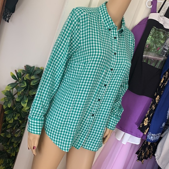 Green gingham button down cotton long sleeve shirt slim fit large - Picture 2 of 14